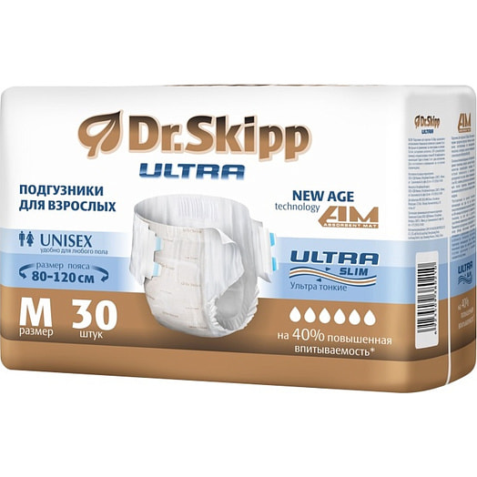 Подгузники для взрослых DR.SKIPP Ultra р-р M 30шт LINYI 2H HEALTHCARE CO. LTD Китай DR.SKIPP