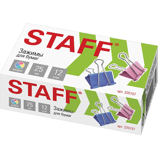 Зажимы для бумаг Staff (12шт, 25мм, цветные, на 100листов) арт.225157 Китай