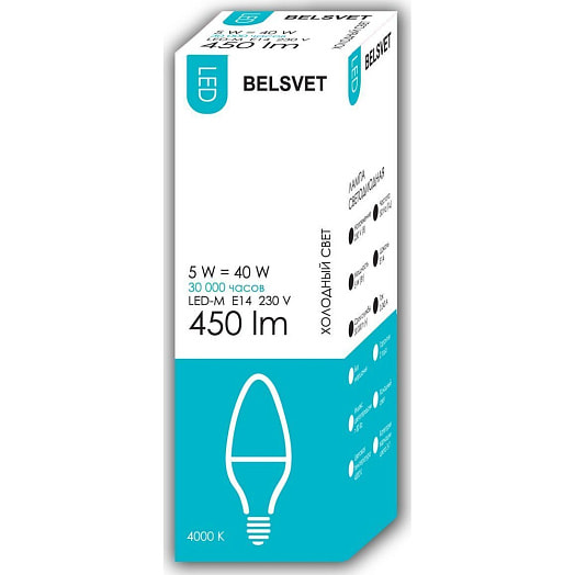 Лампа светодиодная LED-M С37 5 W 4000 K E14 ОАО БЭЛЗ Беларусь Belsvet
