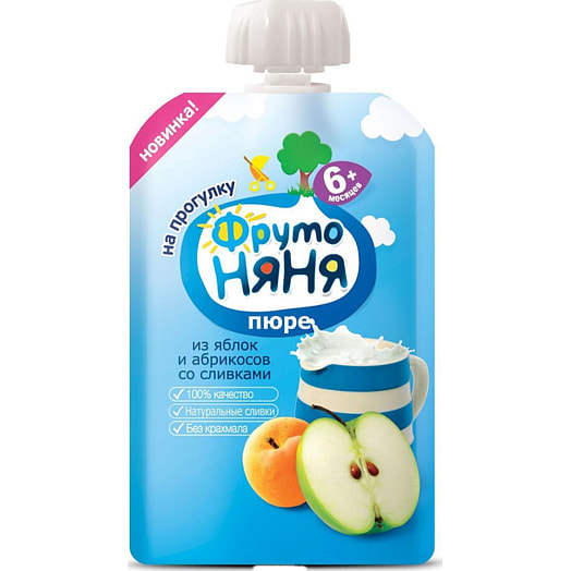 Пюре Фруто Няня 90г дой-пак из яблок, абрикосов со сливками и сахаром с 6мес Россия