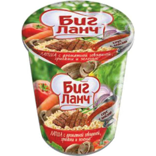 Лапша б/п Биг Ланч 65г с говядиной, грибами и зеленью Кухня без границ Россия