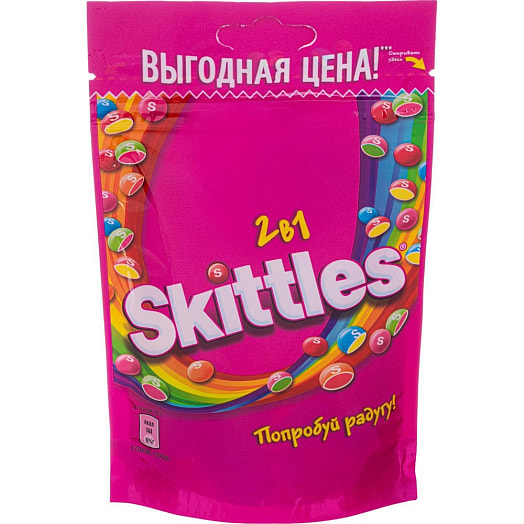 Драже Skittles - 2 в 1 70г пакет со вкусами дыни и ягод, клубники и арбуза, манго и персика, малины и лимона, вишни и лимонада Марс Россия SKITTLES