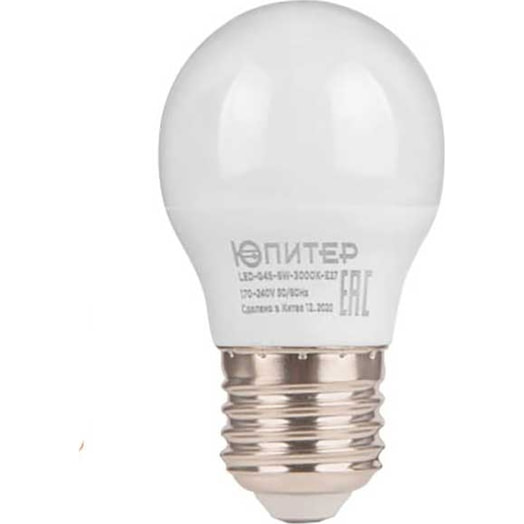 Лампа светодиодная Люкс G45 шар 6 Вт 170-240В E27 4000К арт.JP5145-41 SKIPFIRE LIMITED, Romamou,2, T Китай