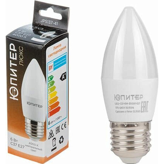 Лампа светодиодная Люкс C37 свеча 6 Вт 170-240В E27 4000К арт.JP5137-41 SKIPFIRE LIMITED, Romamou,2, T Китай