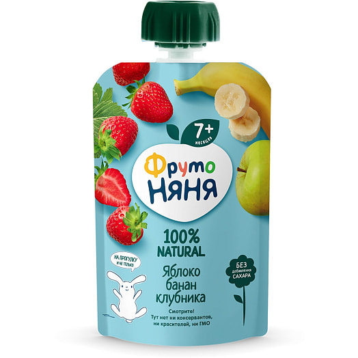 Пюре Фруто Няня 90г дой-пак из яблок,бананов и клубники с 7 мес ФрутоНяня Россия
