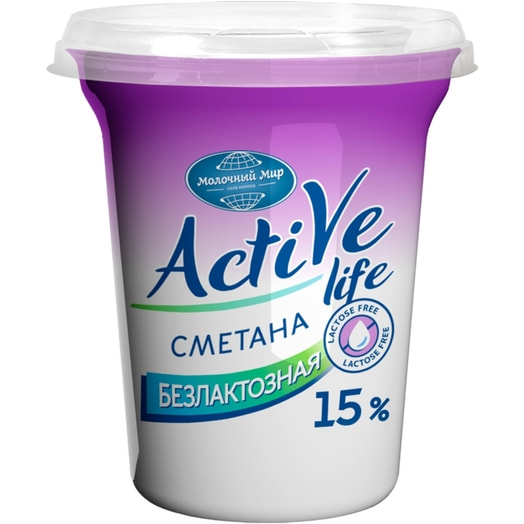 Сметана безлактозная Active life 15% 350г пл/ст ОАО Молочный Мир Беларусь Молочный Мир