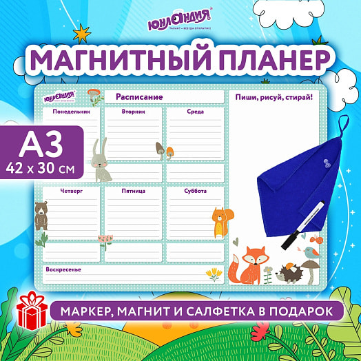 Планинг на холодильник магнитный Юнландия Расписание (42х30см с маркером и салфеткой) арт.237851 Китай
