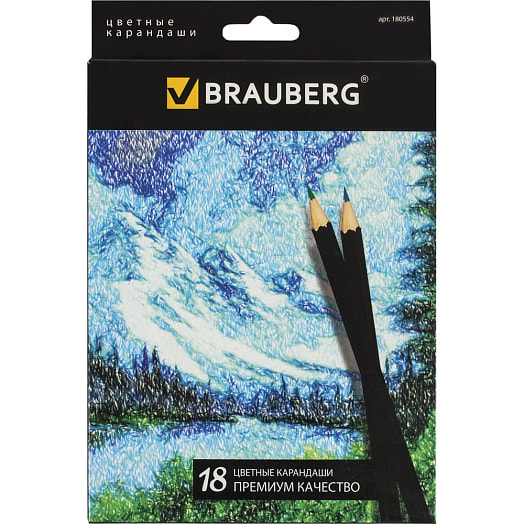 Цветные карандаши Brauberg кор. 18 цветов заточенные черн.корпус арт.180554 Китай