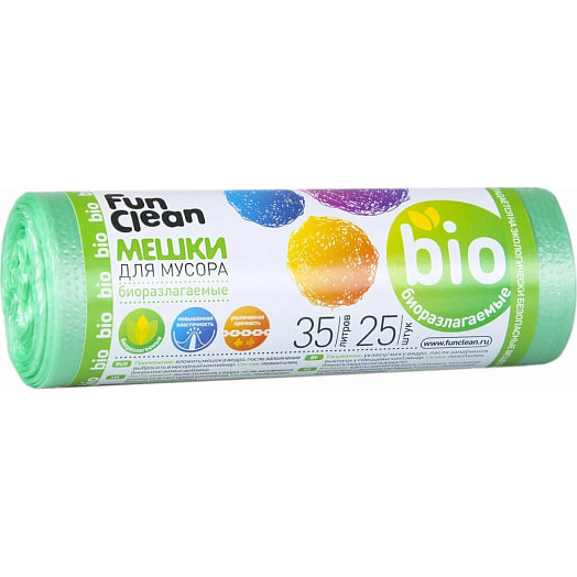 Мешки для мусора Fun Clean Особо прочные БИО 35л*25шт, зеленые Россия