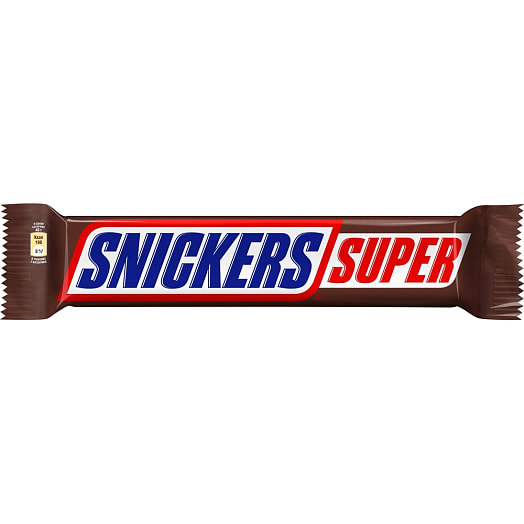 Шоколадный батончик Snickers super 80г с жареным арахисом, карамелью и нугой, покрытый молочным шоколадом Марс Россия SNICKERS