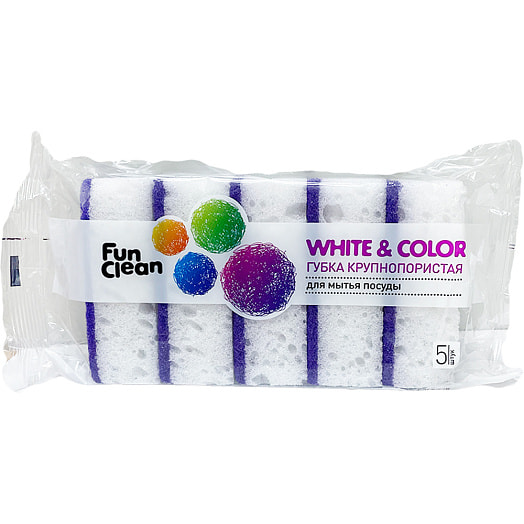 Губка для посуды Fun Clean Крупнопористая (WHITE&COLOR) 5шт Россия
