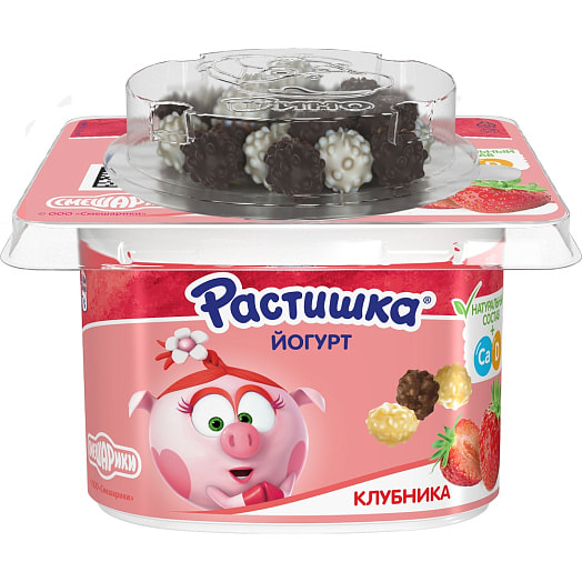 Йогурт  Растишка 3% 115г с клубникой и злаковым драже в белом и молочном шоколаде Россия