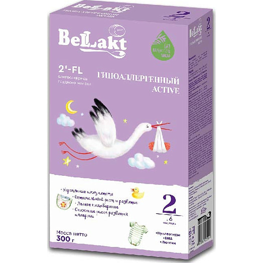 Смесь сухая последующая на основе частично гидролизованных сывороточных белков БЕЛЛАКТ Гипоаллергенный Active 2 для диетического профилактического питания детей с 6 месяцев ,в картонной пачке 300г Беларусь