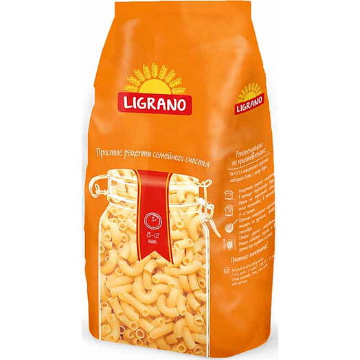 Макаронные изделия Ligrano гр.Б,сорт крупка 900г рожки рифленые Беларусь