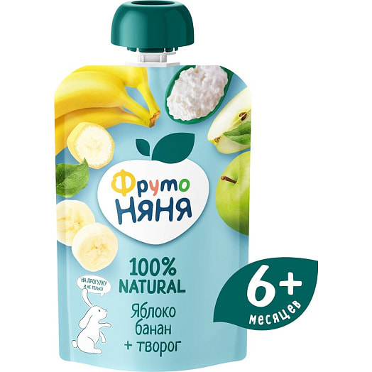 Пюре для дет/пит ФрутоНяня 90г дой-пак яблочно-банановое с творогом с 6-ти месяцев ФрутоНяня Россия