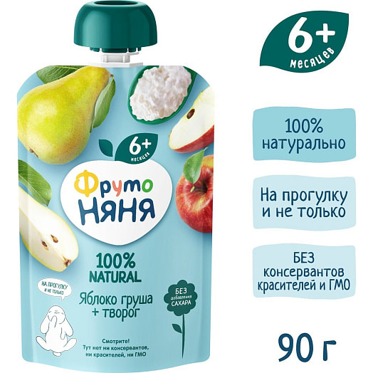 Пюре 90г флоу-пак яблочно-грушевое с творогом АО Прогресс Россия
