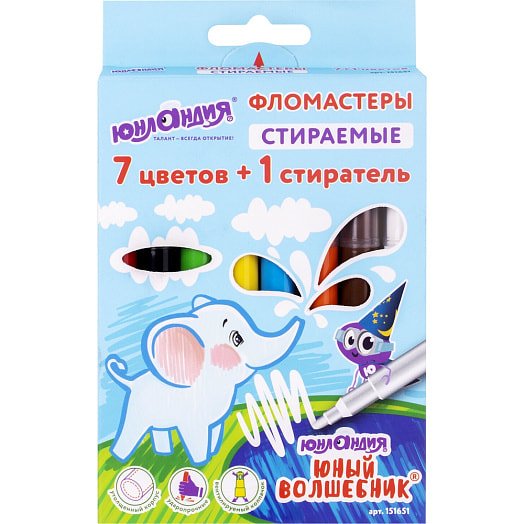 Фломастеры стираемые Юнландия Юный волшебник (7цветов, 1 стиратель) арт.151651 Китай
