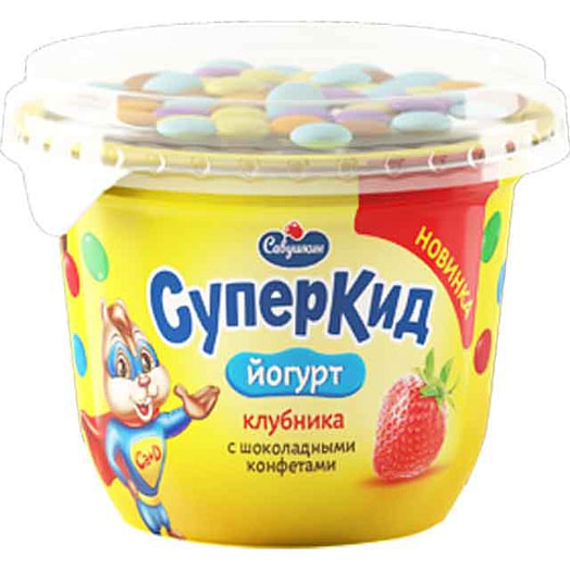 Йогурт СуперКид 2% 103г Клубника с сыпучим наполнителем Савушкин продукт Беларусь