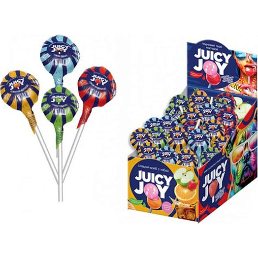 Карамель на палочке Juicy Joy Кола, манго, ананас с жев резинкой 17г Россия