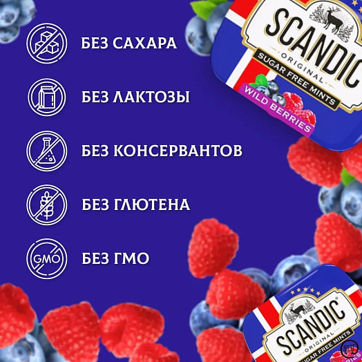 Конфеты SCANDIC без сахара Лесные ягоды 14г ж/б ТД Энергон Рус Россия ТМ Scandic