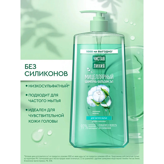 Шампунь-бальзам 2в1 1л мицеллярный Калина Россия Чистая линия