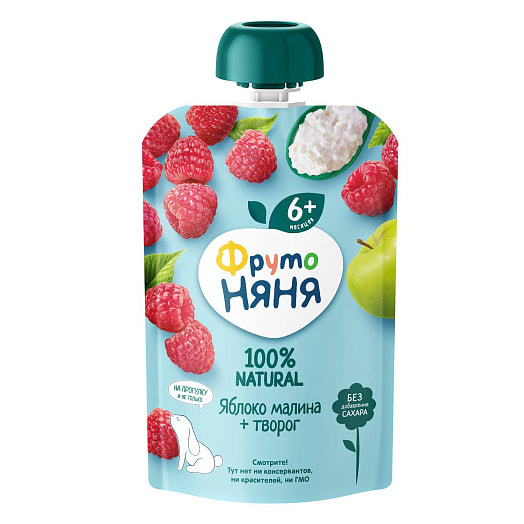 Пюре ФрутоНяня из яблок и малины с творогом 90мл дой-пак для дет/пит. ФрутоНяня Россия