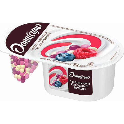 Йогурт Даниссимо Фантазия и драже хрустящие шарики 6.9% 105г с ягодным вкусом Россия