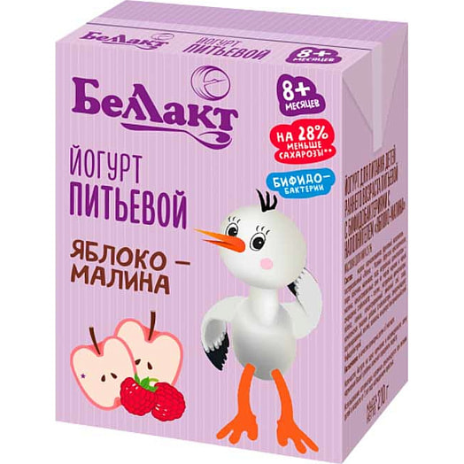 Йогурт для дет/пит. 2.6% 210г ТБА питьевой с бифидобакт яблоко-малина ОАО Беллакт Волковыс Беларусь Беллакт