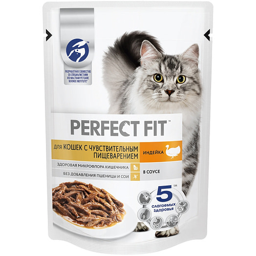 Корм Perfect Fit Индейка в соусе для взрослых кошек с чувств пищ 75г пауч Марс Россия PERFECT FIT