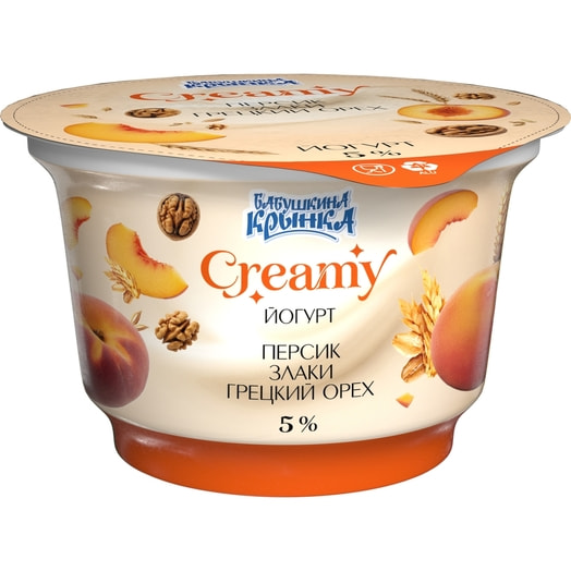 Йогурт Creamy Персик, злаки, грецкий орех 5% 200г п/ст ОАО Бабушкина крынка Беларусь Creamy