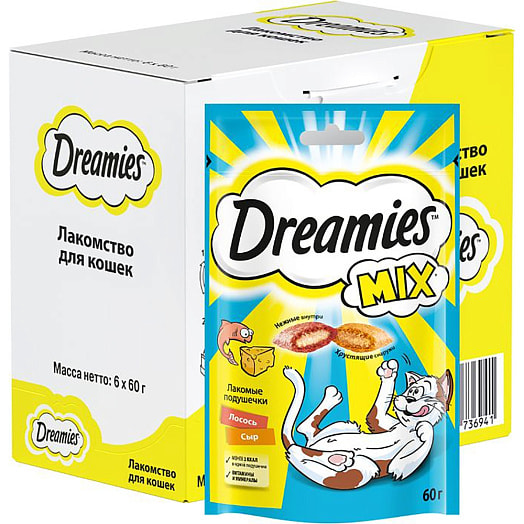 Лакомство Dreamies MIX 60г лосось, сыр для взрослых кошек Марс Россия