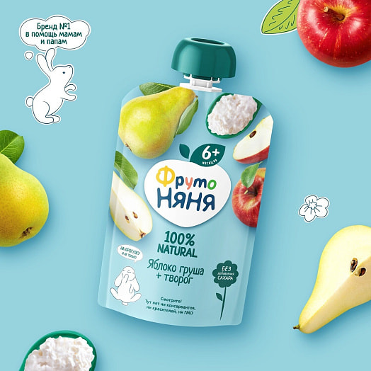 Пюре 90г флоу-пак яблочно-грушевое с творогом АО Прогресс Россия