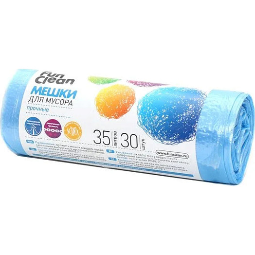 Мешки для мусора Fun Clean Прочные 35л*30шт, голубые Россия