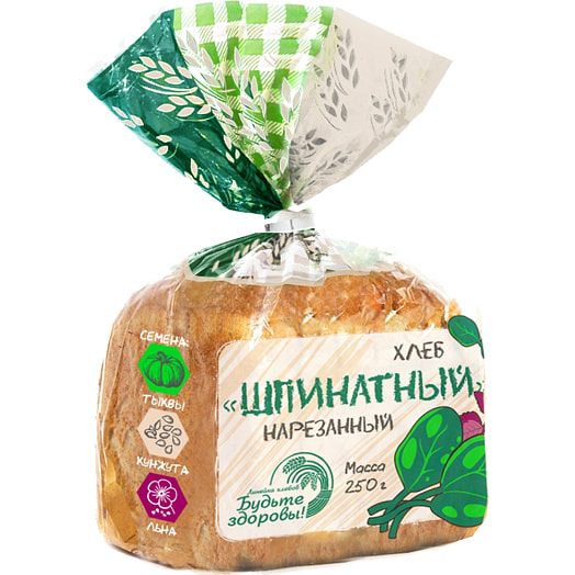 Хлеб Шпинатный формовой нарез/упак 250г пакет ОАО Слуцкий хлебозавод Беларусь