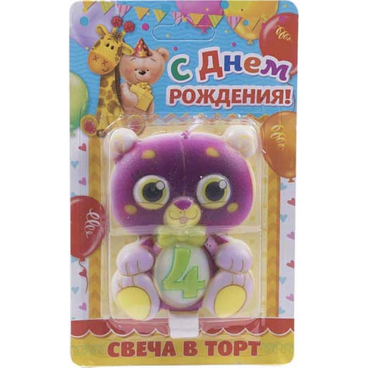 Свеча для торта Мишка цифра 4 5,4*7,5см арт.25418337 Китай