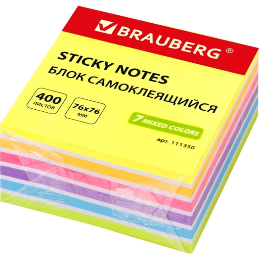 Блок самоклеящийся (стикеры) Brauberg Неон 76*76мм, 400 листов арт.111350 Китай