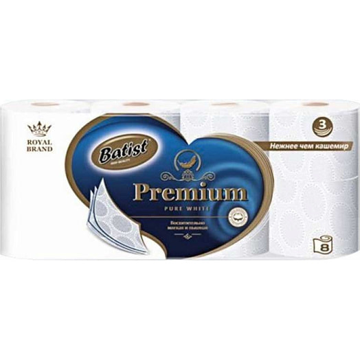 Туалетная бумага Туалетная бумага Batist Premium pure white, 3-х слойная, 8рул Россия