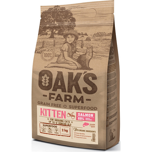 Корм беззерновой Oaks Farm Лосось для котят 2кг AKVATERA Ltd. Литва Oaks Farm