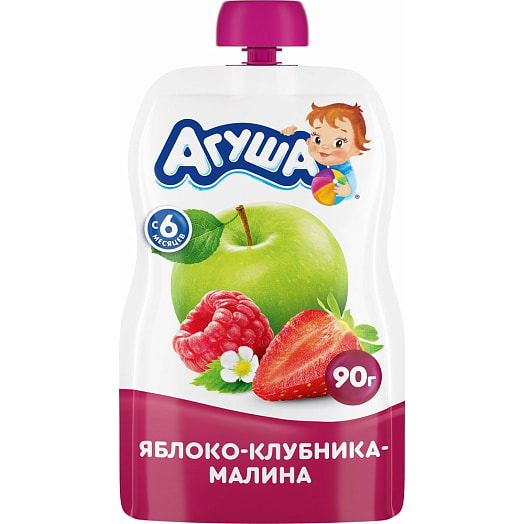 Пюре Агуша 90г дой-пак из яблок, клубники и малины Испания