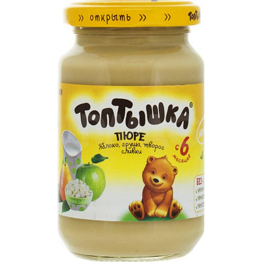 Пюре Топтышка 190мл ст/б из яблок, груш с творогом и сливками с 6мес Малоритский КОСЗ Беларусь