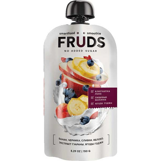 Пюре фруктовое FRUDS 150мл пауч Яблоко, банан, черника, сливки ЗАО Бобруйский бровар Беларусь SMARTFOOD SMOOTHIE FRUDS