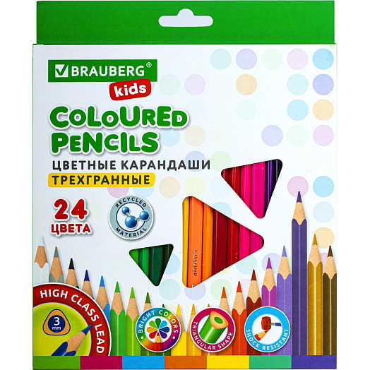 Карандаши цветные BRAUBERG KIDS (24цвета, трехгранные, грифель мягкий 3мм) арт.181944 Китай