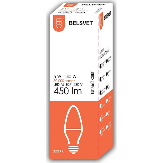 Лампа светодиодная LED-M С37 5 W 3000 K E27 ОАО БЭЛЗ Беларусь Belsvet