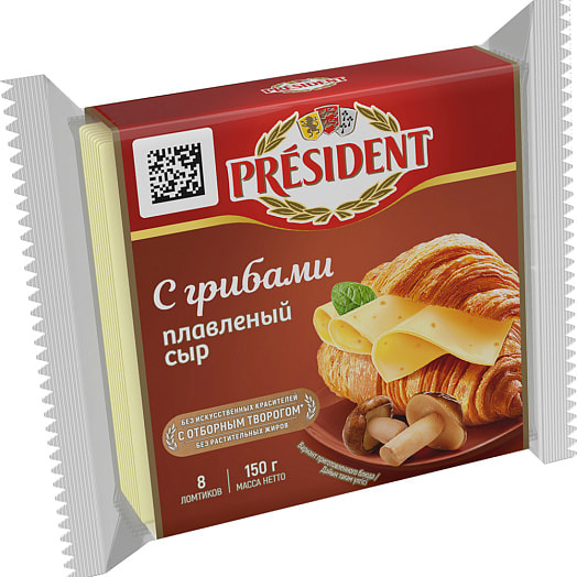 Сыр плавленый President 40% 150г с грибами ломтевой Россия