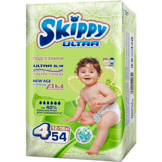 Подгузники для детей ультратонкие SKIPPY Ultra р.4 54 шт FUJIAN PUTIAN LICHENG PAPER INDUSTRY CO. LTD Китай Skippy