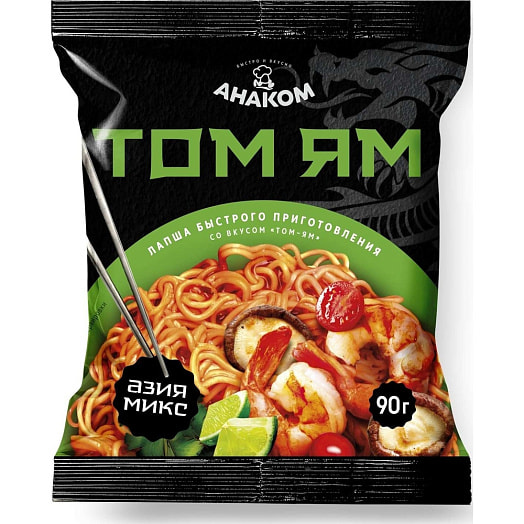 Лапша быстрого приготовления со вкусом Том-Ям в пакете 90г Азия Микс тм АНАКОМ Россия