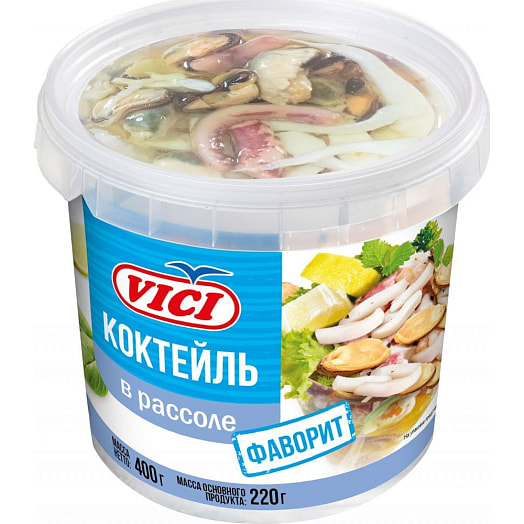 Коктейль Фаворит из морепродуктов соленых в рассоле 400г п/у ООО Вичюнай-Русь Россия Vici
