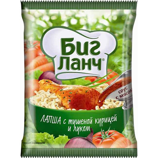 Лапша б/п Биг Ланч 75г с тушеной курицей и луком Кухня без границ Россия