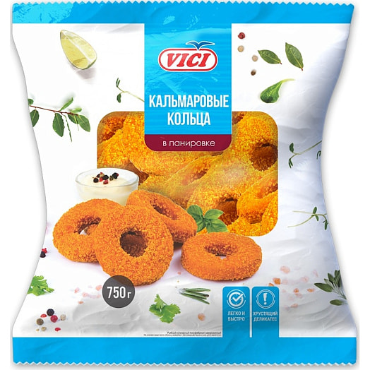 Кольца из фарша кальмара гигантского в панировке обжаренные зам 750г ООО Вичюнай Русь Россия Vici