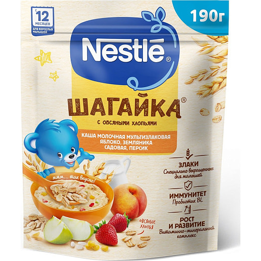 Каша мультизлаковая с овсяными хлопьями, яблоком, земляникой и персиком для дет/пит. 190г с 12мес ООО Нестле Россия Россия